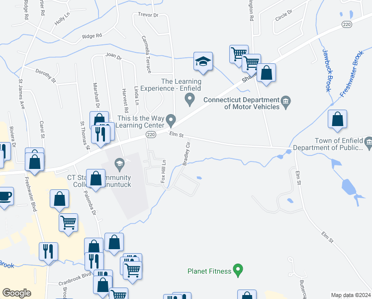 map of restaurants, bars, coffee shops, grocery stores, and more near 202 Elm Street in Enfield