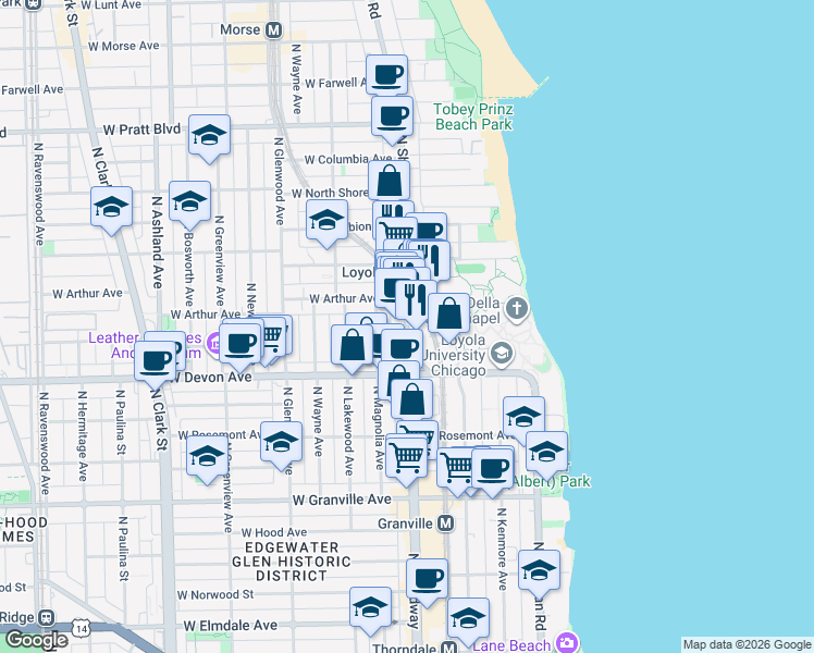 map of restaurants, bars, coffee shops, grocery stores, and more near 6455 North Sheridan Road in Chicago