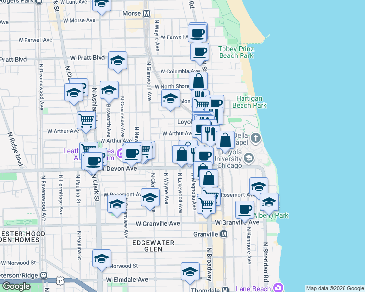 map of restaurants, bars, coffee shops, grocery stores, and more near 1257 West Arthur Avenue in Chicago
