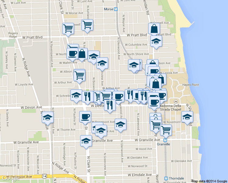 map of restaurants, bars, coffee shops, grocery stores, and more near 6504 North Glenwood Avenue in Chicago
