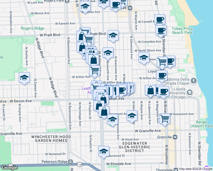 map of restaurants, bars, coffee shops, grocery stores, and more near 6501 North Bosworth Avenue in Chicago