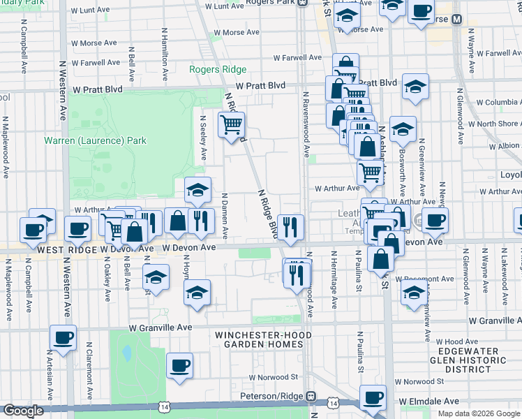 map of restaurants, bars, coffee shops, grocery stores, and more near 6500 North Ridge Boulevard in Chicago