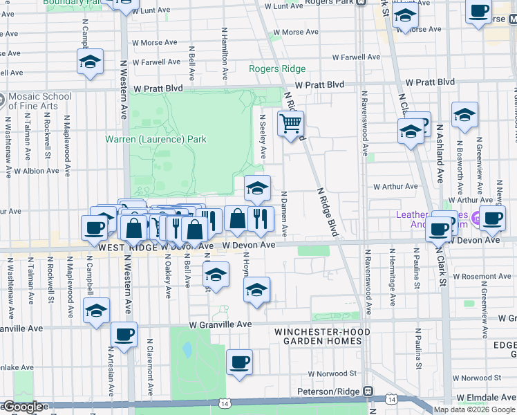 map of restaurants, bars, coffee shops, grocery stores, and more near 6505 North Hoyne Avenue in Chicago