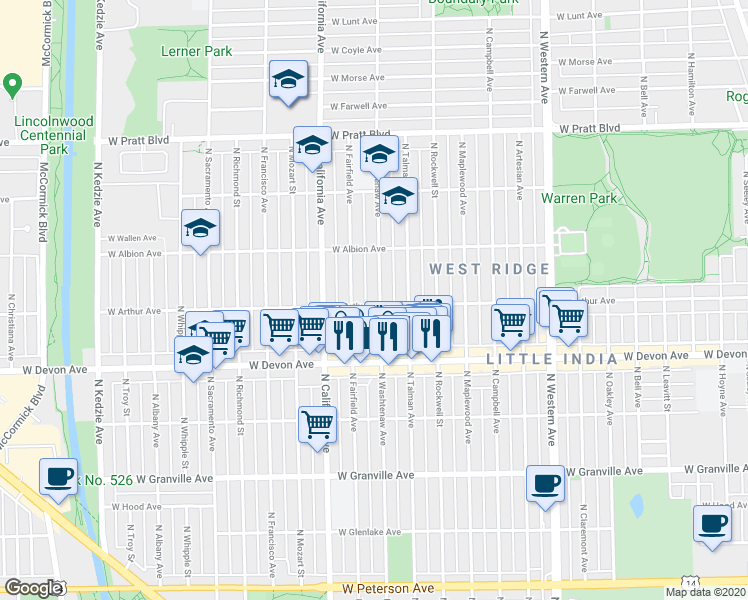 map of restaurants, bars, coffee shops, grocery stores, and more near 6518 North Washtenaw Avenue in Chicago