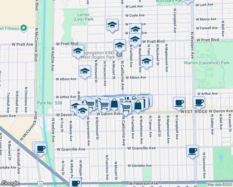 map of restaurants, bars, coffee shops, grocery stores, and more near 6519 North Mozart Street in Chicago