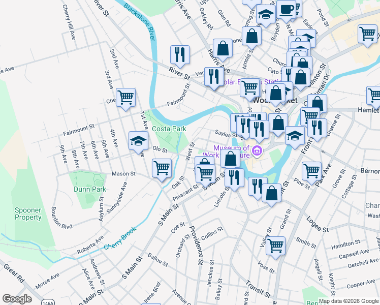 map of restaurants, bars, coffee shops, grocery stores, and more near 127 Hope Street in Woonsocket