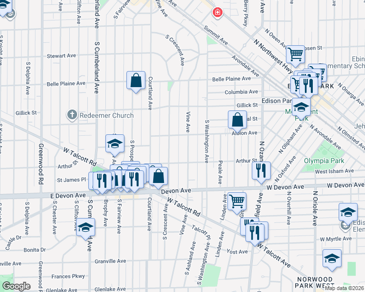 map of restaurants, bars, coffee shops, grocery stores, and more near 900 Vine Avenue in Park Ridge