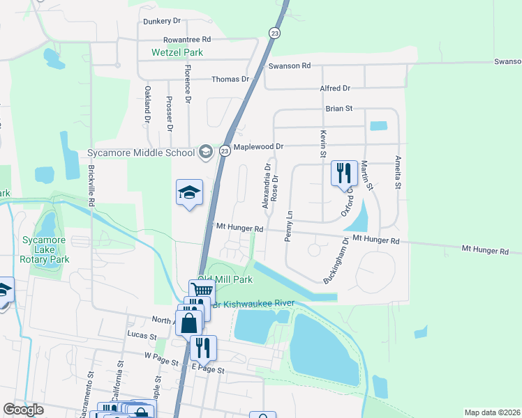 map of restaurants, bars, coffee shops, grocery stores, and more near 1133 Rose Drive in Sycamore