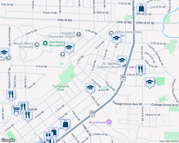 map of restaurants, bars, coffee shops, grocery stores, and more near 2210 D Avenue Northeast in Cedar Rapids
