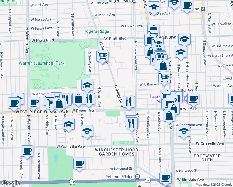 map of restaurants, bars, coffee shops, grocery stores, and more near 6454 North Ridge Boulevard in Chicago