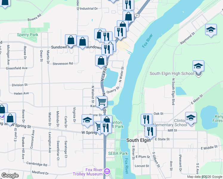 map of restaurants, bars, coffee shops, grocery stores, and more near 156 Quarry Street in South Elgin