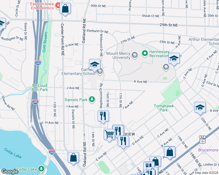 map of restaurants, bars, coffee shops, grocery stores, and more near 1602 J Avenue Northeast in Cedar Rapids