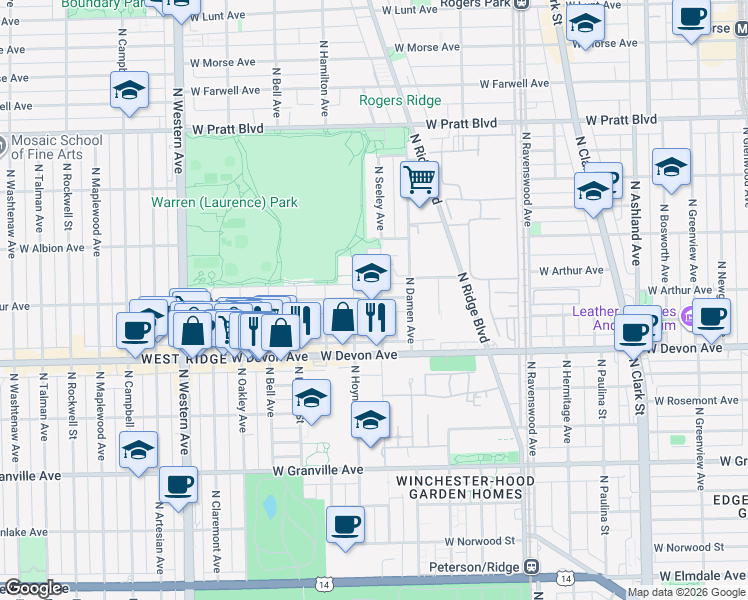 map of restaurants, bars, coffee shops, grocery stores, and more near 6505 North Hoyne Avenue in Chicago