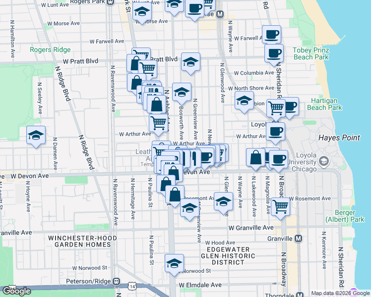 map of restaurants, bars, coffee shops, grocery stores, and more near 6501 North Bosworth Avenue in Chicago