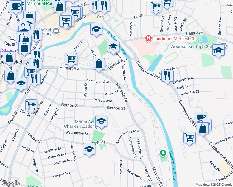 map of restaurants, bars, coffee shops, grocery stores, and more near 579 Willow Street in Woonsocket