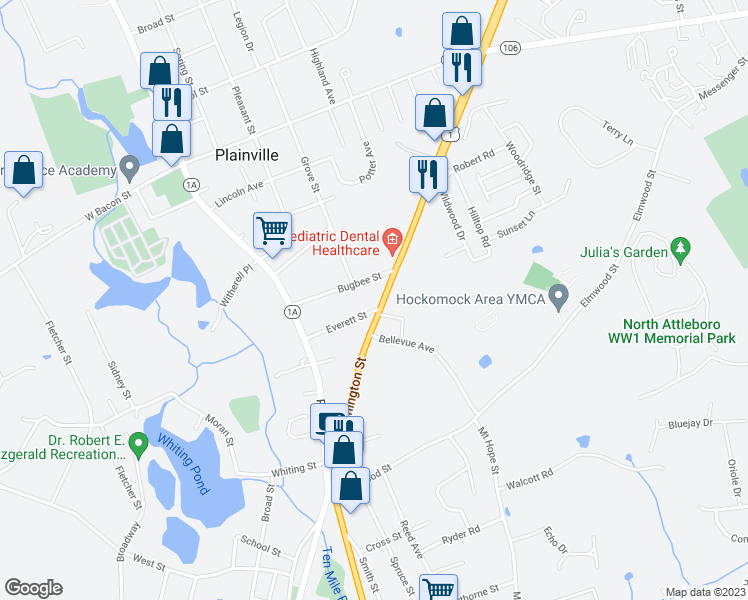 map of restaurants, bars, coffee shops, grocery stores, and more near 2 Washington Street in Plainville