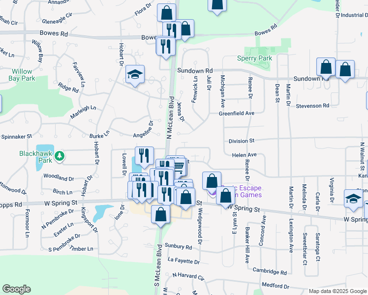 map of restaurants, bars, coffee shops, grocery stores, and more near 1104 Manchester Court in South Elgin