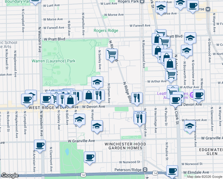 map of restaurants, bars, coffee shops, grocery stores, and more near in Chicago