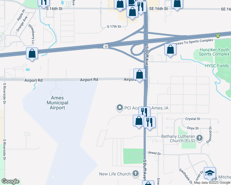 map of restaurants, bars, coffee shops, grocery stores, and more near 300 Airport Road in Ames
