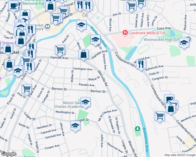 map of restaurants, bars, coffee shops, grocery stores, and more near 558 Willow Street in Woonsocket