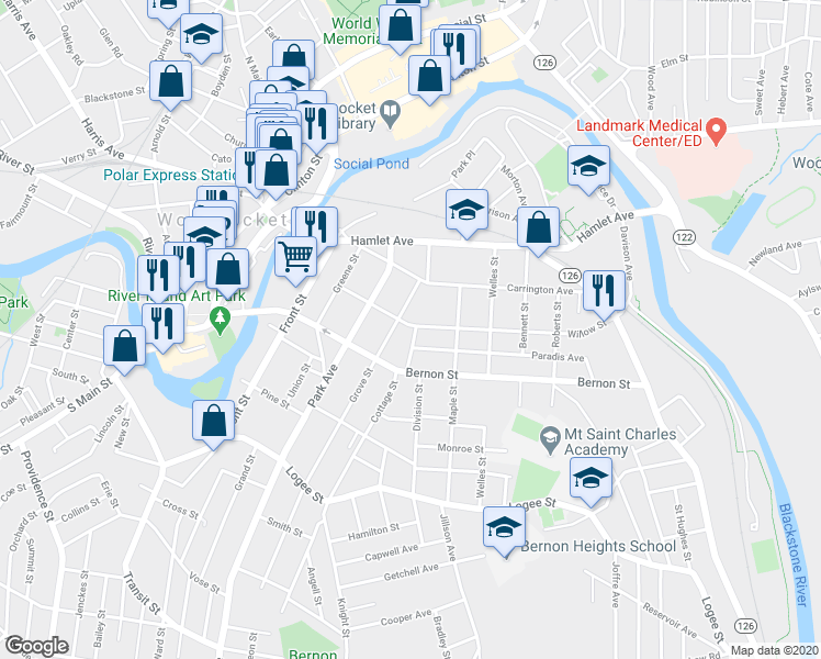 map of restaurants, bars, coffee shops, grocery stores, and more near 191 Grove Street in Woonsocket