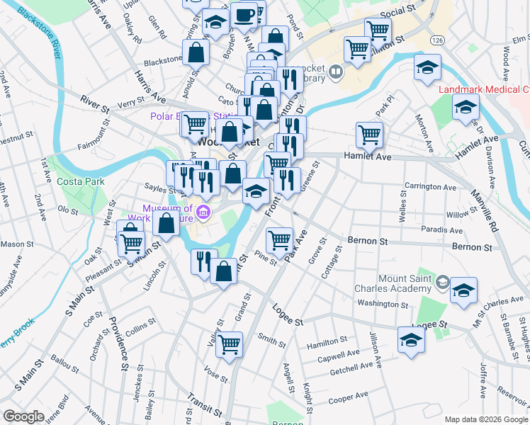 map of restaurants, bars, coffee shops, grocery stores, and more near in Woonsocket