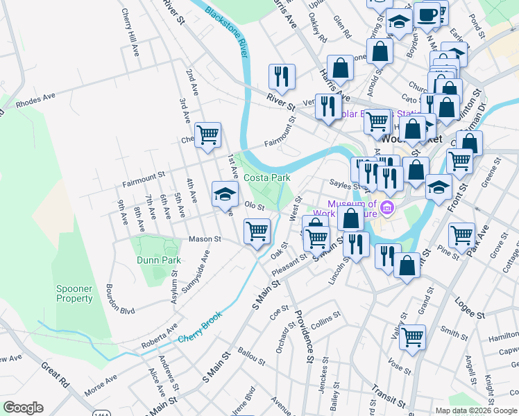 map of restaurants, bars, coffee shops, grocery stores, and more near 293 Olo Street in Woonsocket