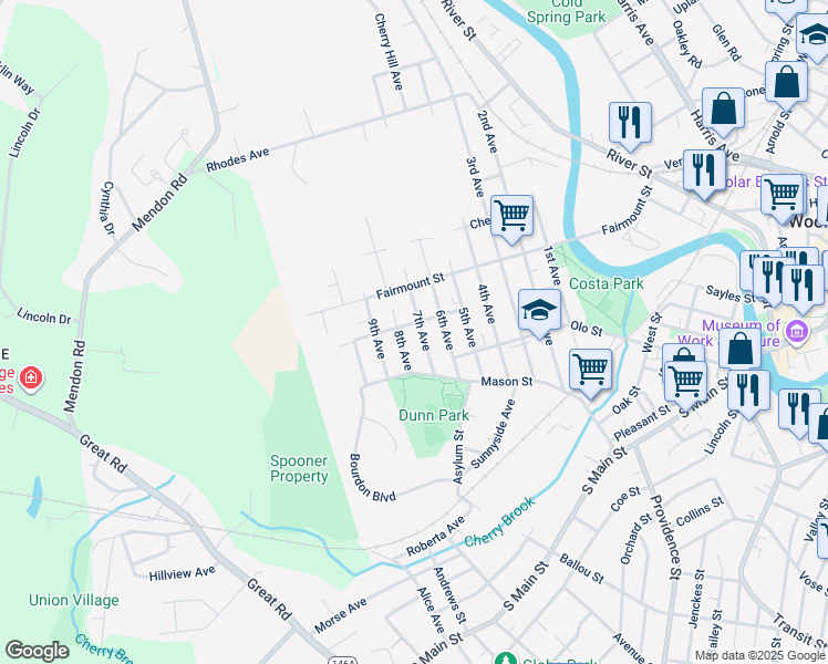 map of restaurants, bars, coffee shops, grocery stores, and more near 72 Chapel Street in Woonsocket