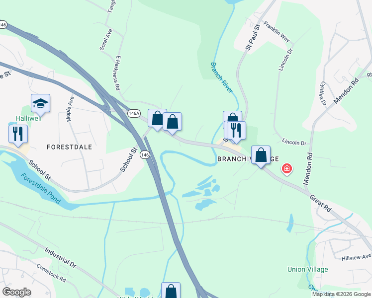 map of restaurants, bars, coffee shops, grocery stores, and more near 740 Victory Highway in North Smithfield