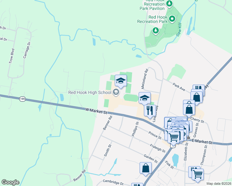 map of restaurants, bars, coffee shops, grocery stores, and more near 103 W Market St in Red Hook
