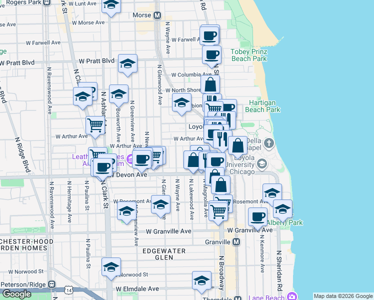 map of restaurants, bars, coffee shops, grocery stores, and more near 1257 West Arthur Avenue in Chicago