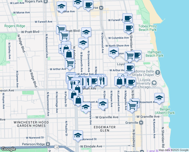map of restaurants, bars, coffee shops, grocery stores, and more near 1447 West Arthur Avenue in Chicago