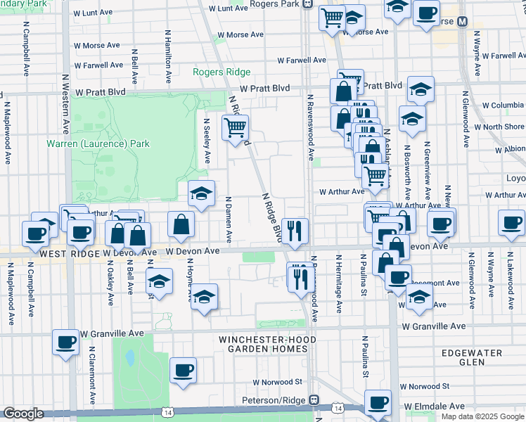 map of restaurants, bars, coffee shops, grocery stores, and more near 6500 North Ridge Boulevard in Chicago