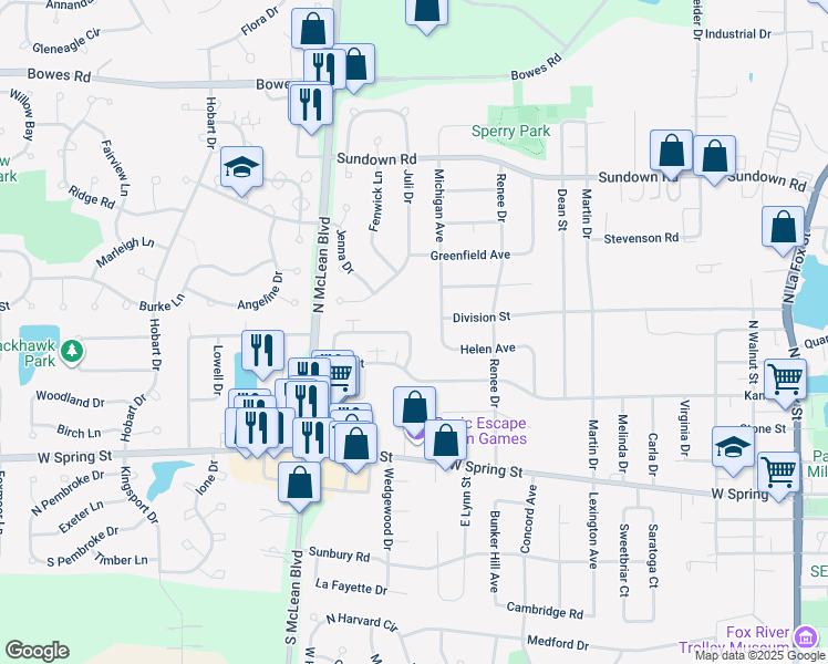 map of restaurants, bars, coffee shops, grocery stores, and more near 1000 Manchester Court in South Elgin