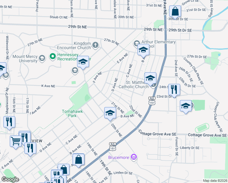 map of restaurants, bars, coffee shops, grocery stores, and more near 2210 D Avenue Northeast in Cedar Rapids