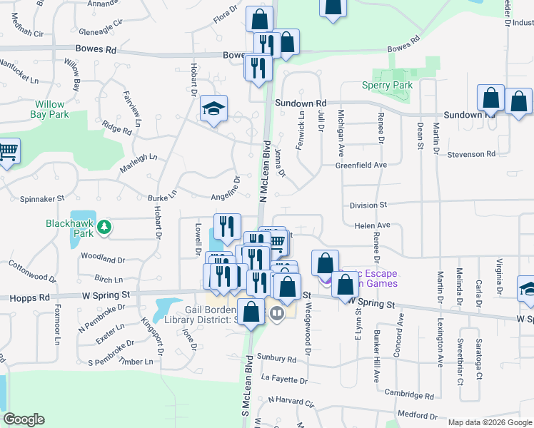 map of restaurants, bars, coffee shops, grocery stores, and more near 1146 Manchester Court in South Elgin
