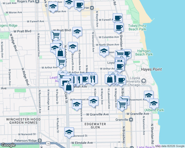 map of restaurants, bars, coffee shops, grocery stores, and more near 6452 North Glenwood Avenue in Chicago