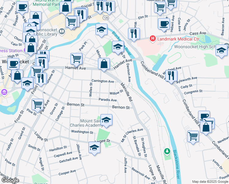 map of restaurants, bars, coffee shops, grocery stores, and more near 558 Willow Street in Woonsocket