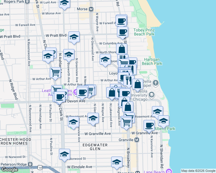 map of restaurants, bars, coffee shops, grocery stores, and more near 1257 West Arthur Avenue in Chicago