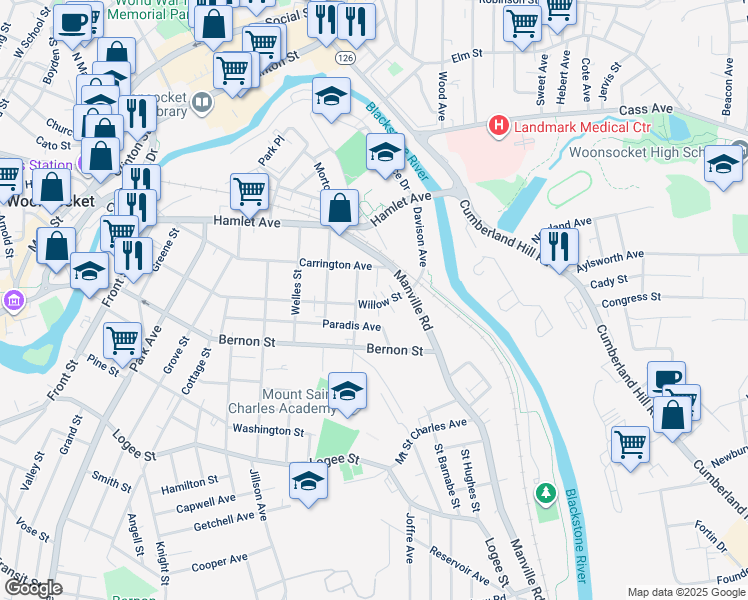 map of restaurants, bars, coffee shops, grocery stores, and more near 518 Willow Street in Woonsocket