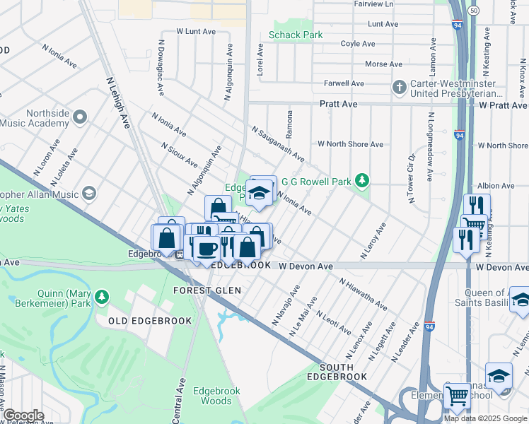 map of restaurants, bars, coffee shops, grocery stores, and more near 6525 North Hiawatha Avenue in Chicago