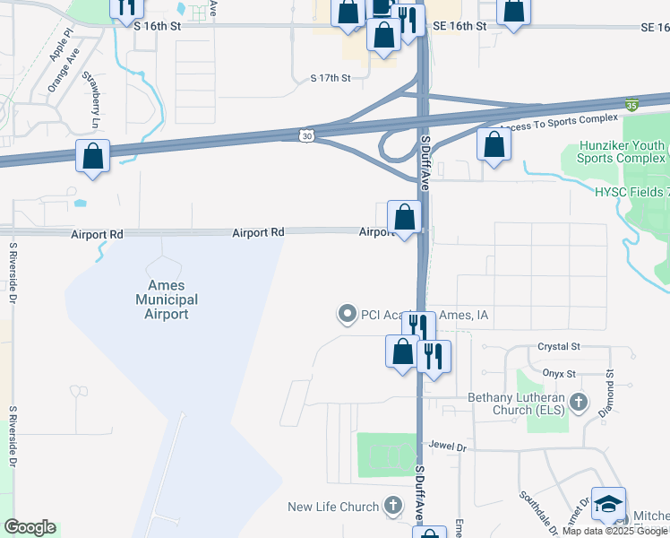 map of restaurants, bars, coffee shops, grocery stores, and more near 300 Airport Road in Ames