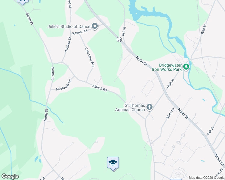 map of restaurants, bars, coffee shops, grocery stores, and more near 165 Aldrich Road in Bridgewater