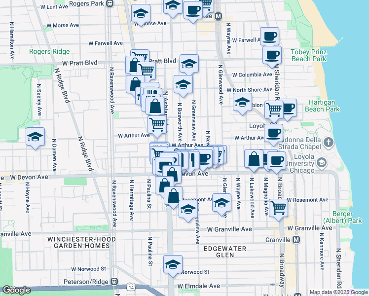 map of restaurants, bars, coffee shops, grocery stores, and more near in Chicago