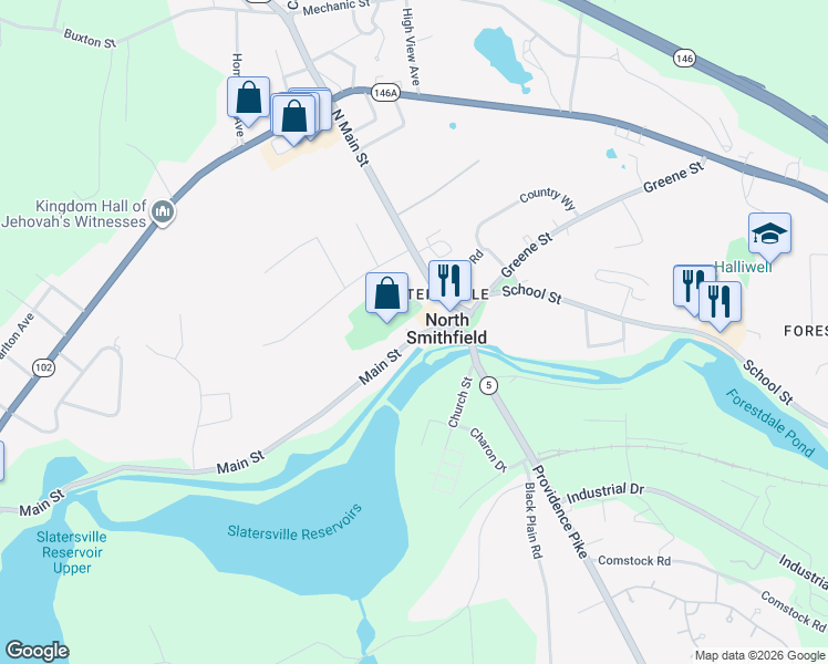 map of restaurants, bars, coffee shops, grocery stores, and more near 31 Main Street in North Smithfield