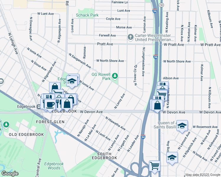 map of restaurants, bars, coffee shops, grocery stores, and more near 6532 North Navajo Avenue in Lincolnwood