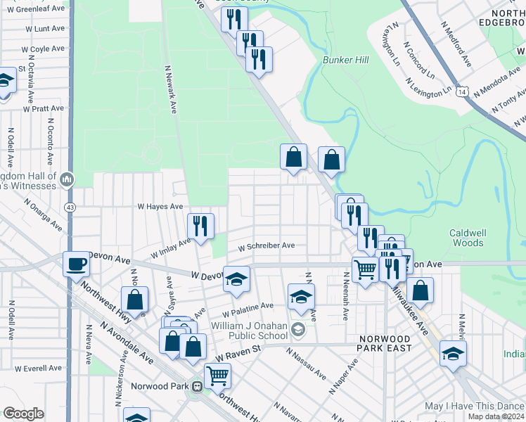map of restaurants, bars, coffee shops, grocery stores, and more near 6669 W Hayes Ave in Chicago