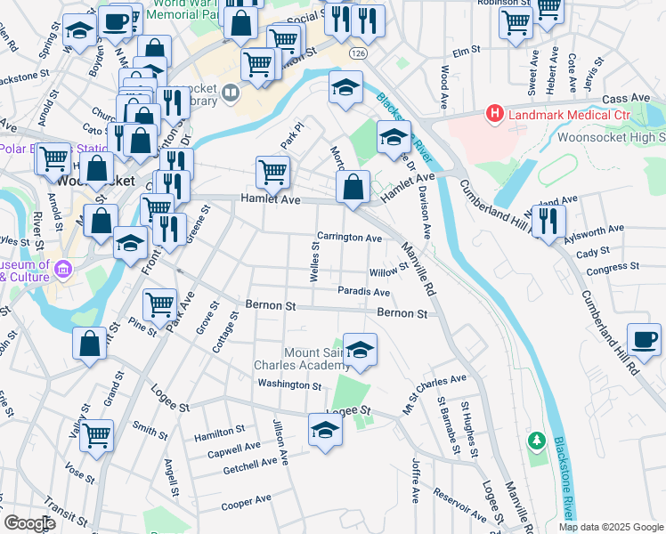 map of restaurants, bars, coffee shops, grocery stores, and more near 384 Willow Street in Woonsocket