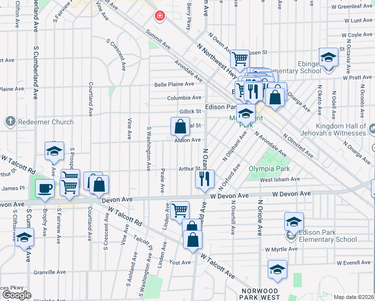 map of restaurants, bars, coffee shops, grocery stores, and more near 911 Harrison Street in Park Ridge