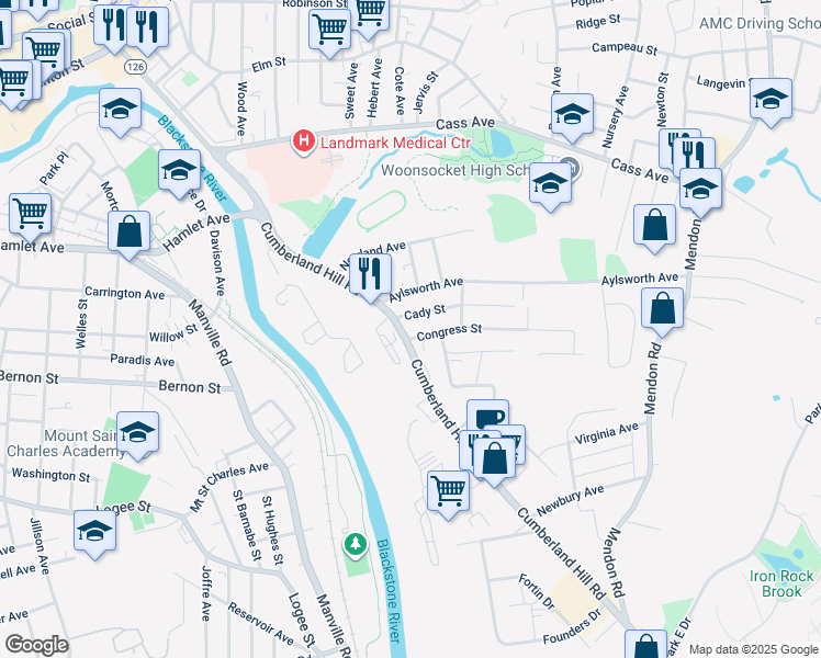 map of restaurants, bars, coffee shops, grocery stores, and more near 442 Cumberland Hill Road in Woonsocket